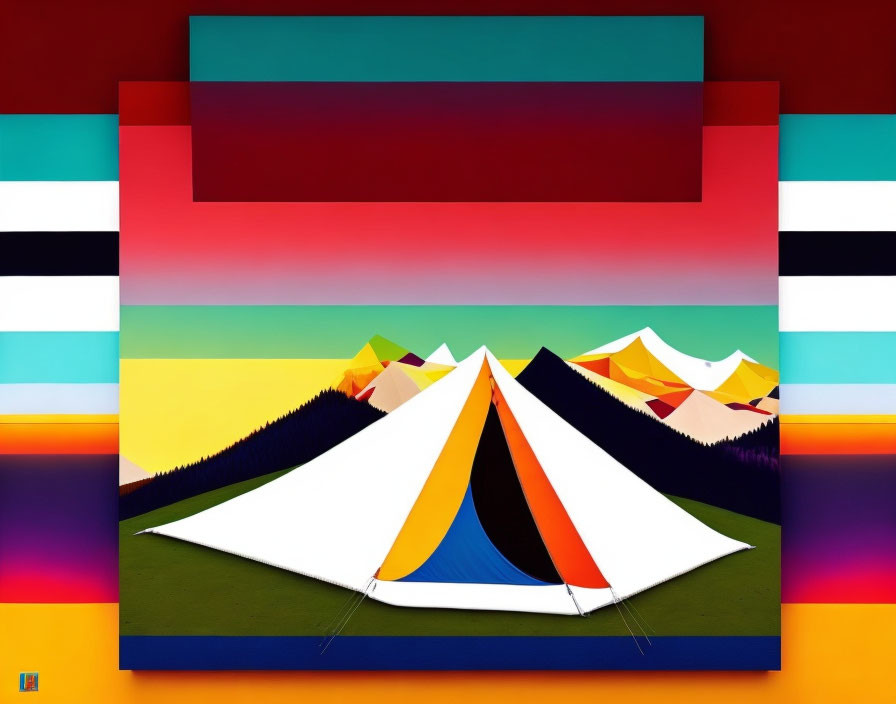 Abstract colorful digital artwork: White tent amid multicolored mountains