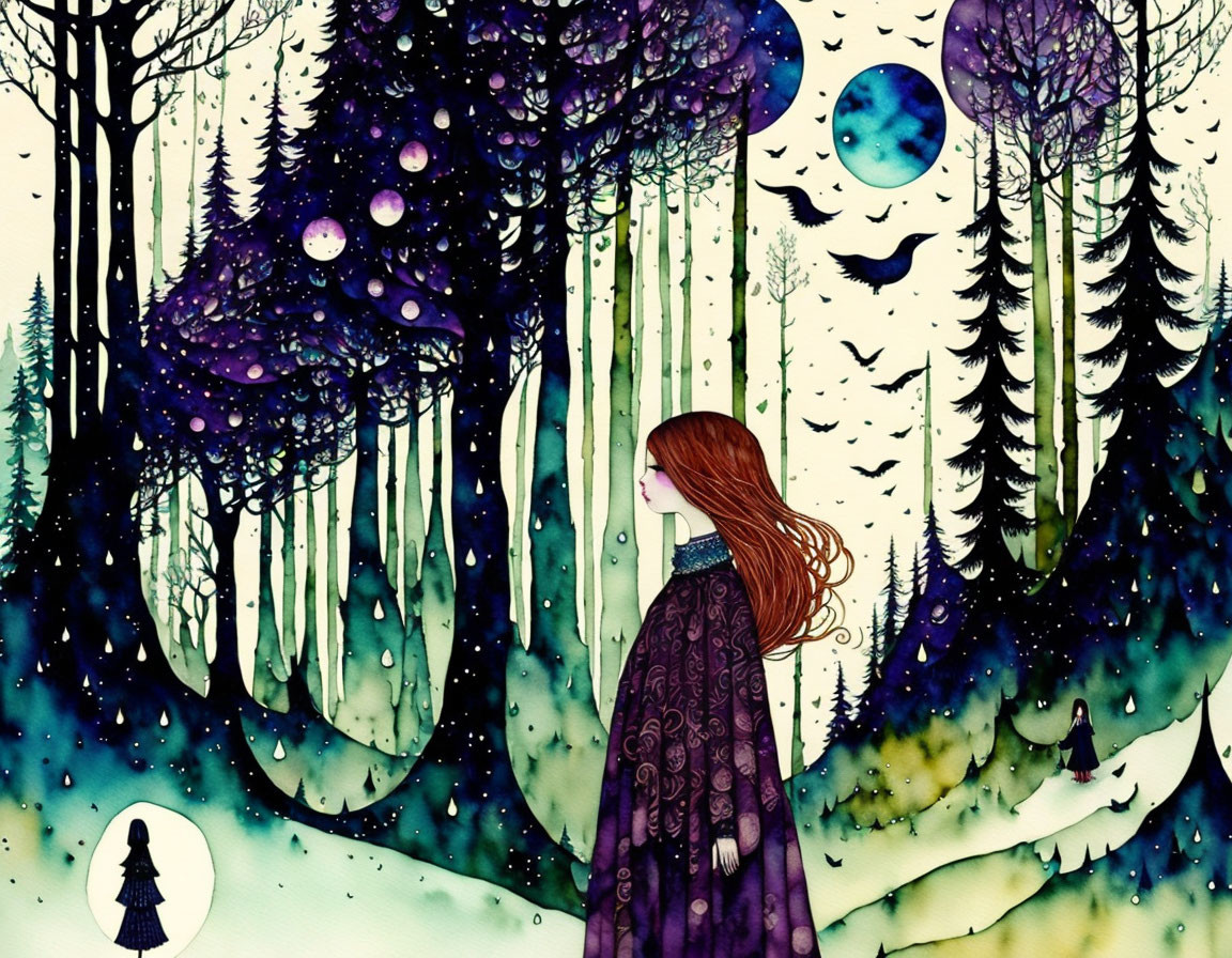 Red-haired woman in patterned cloak gazes at starry, treelined landscape.