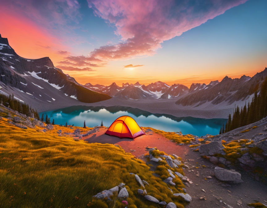 Scenic sunset view: glowing tent on hill by mountain lake