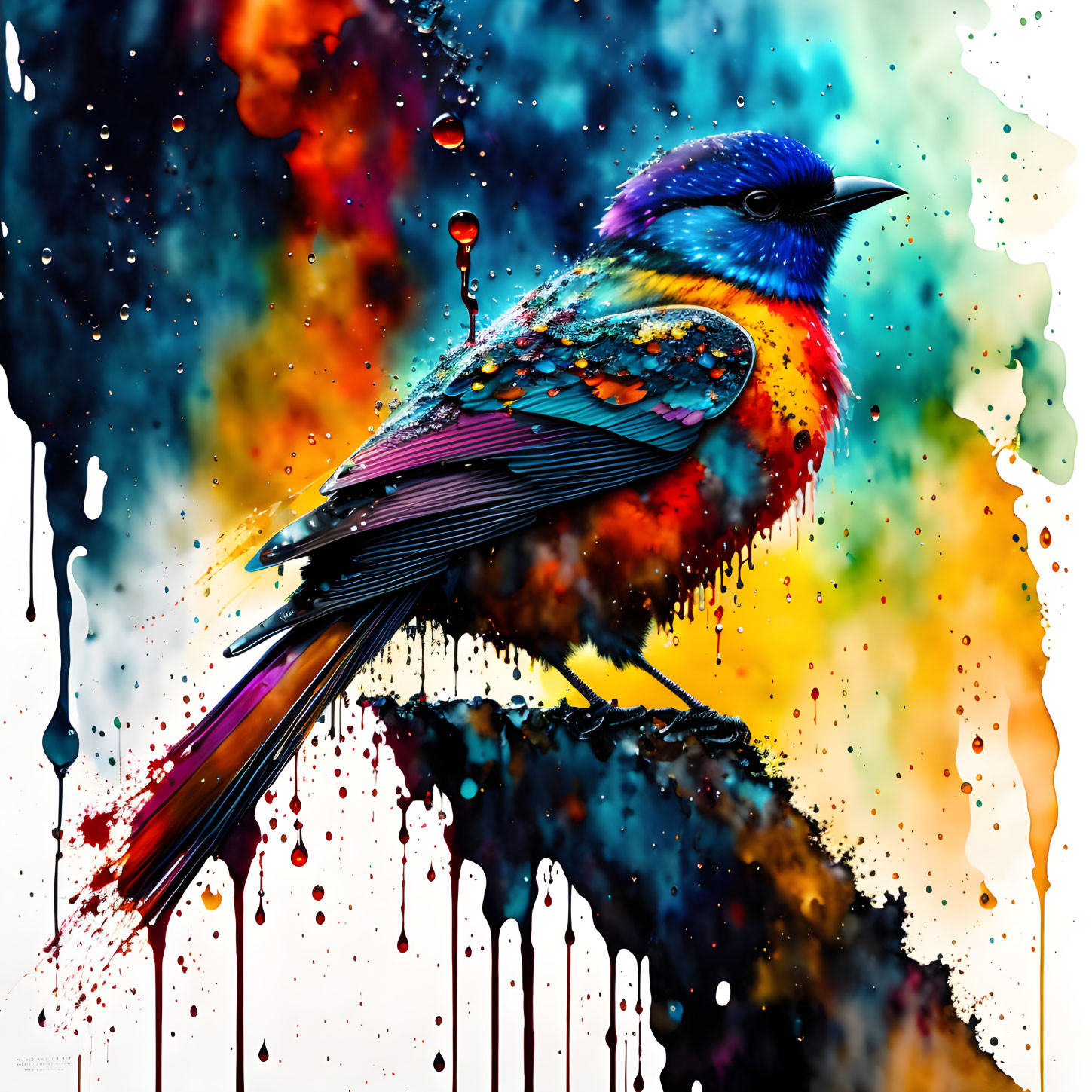 Colorful Bird Perched on Branch Against Cosmic Background