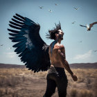 Person with bird wings in desert landscape with flying birds under cloudy sky