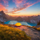 Scenic sunset view: glowing tent on hill by mountain lake