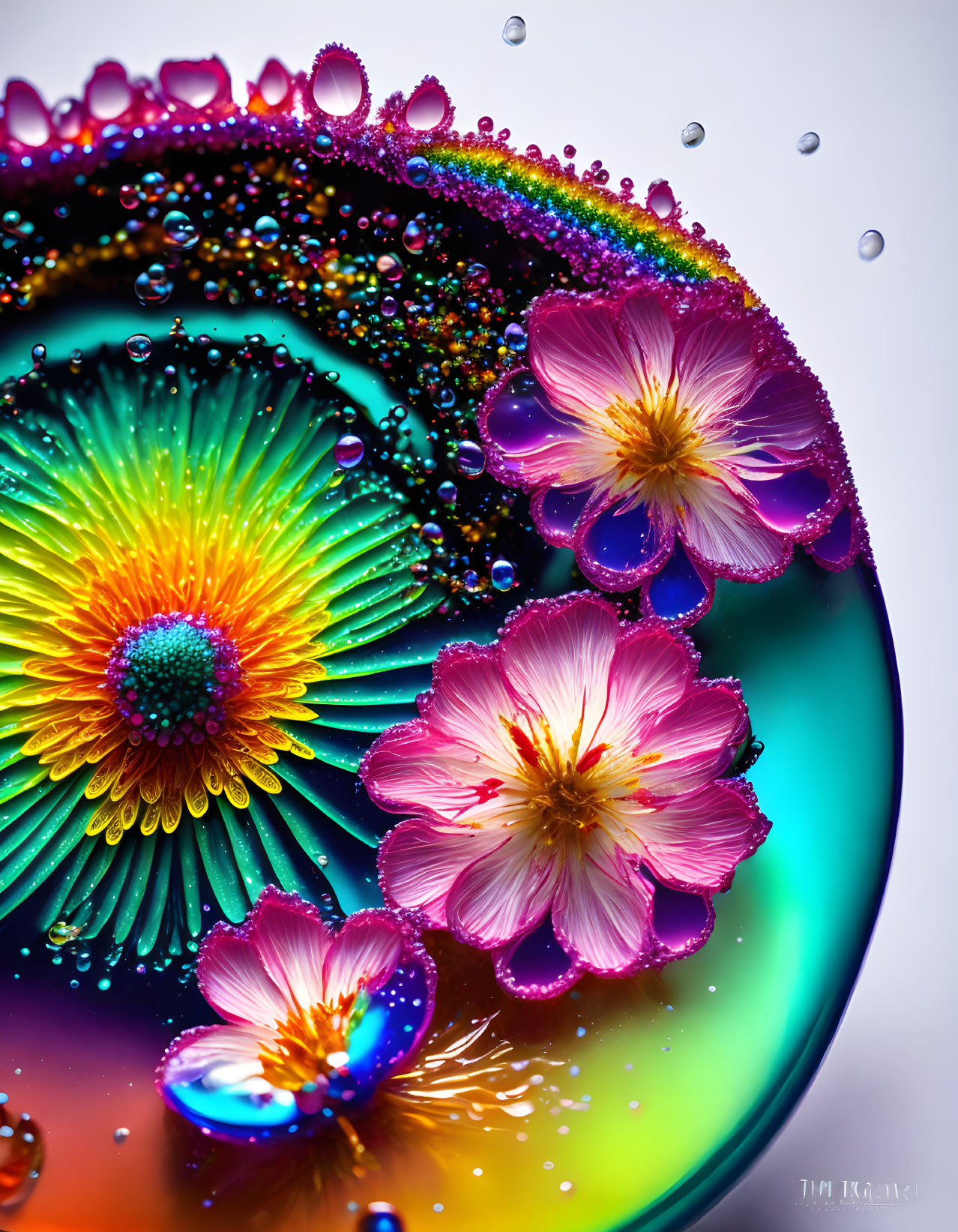 Colorful macro image: water droplets, flowers, psychedelic gradient