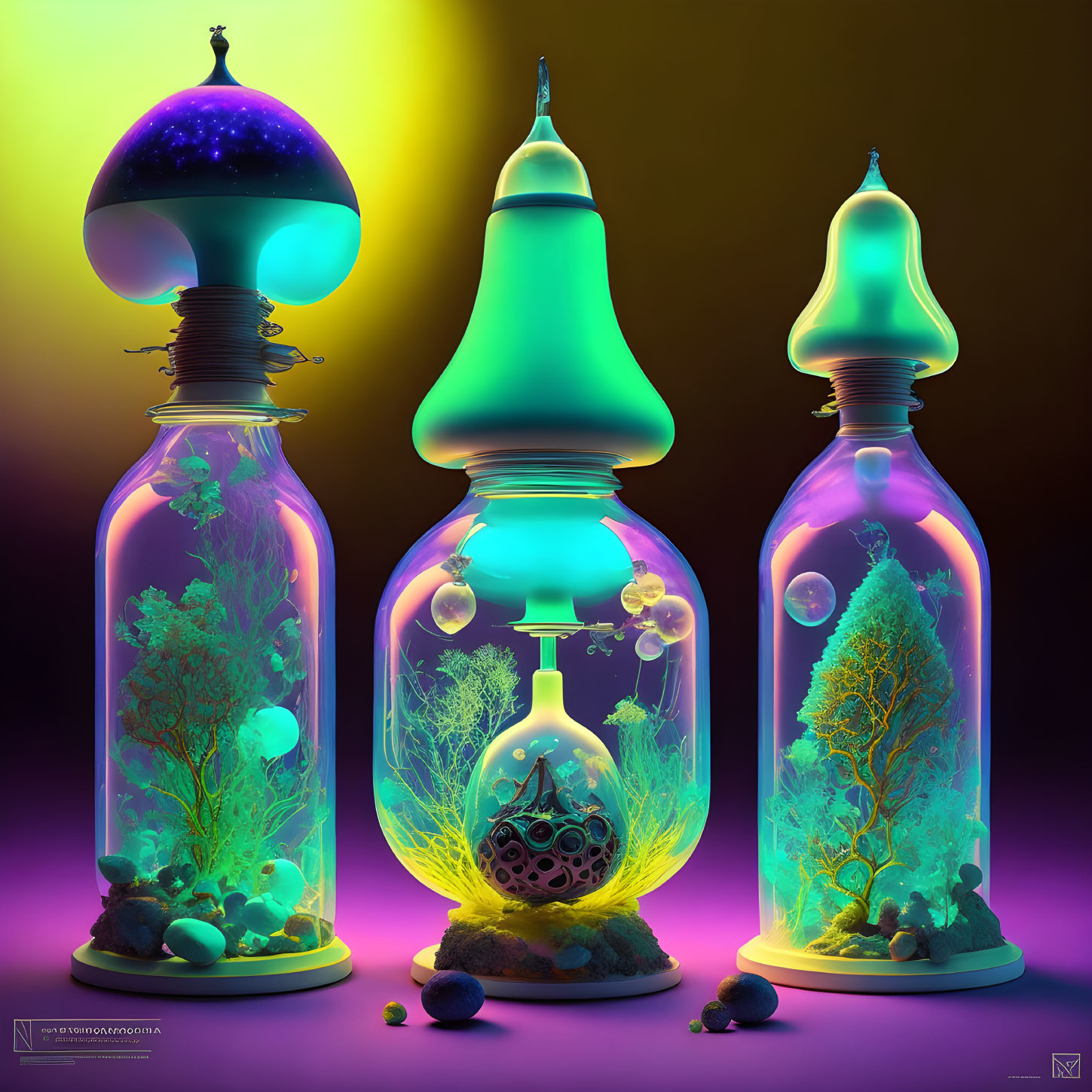 Artistic glass bottles with vibrant underwater ecosystems and unique color-shifted caps on dark gradient background