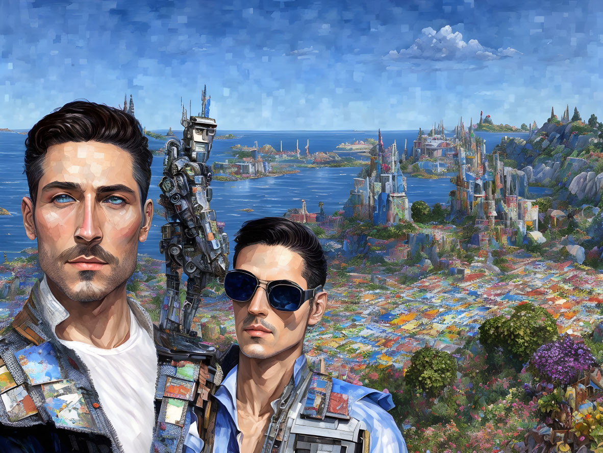 Stylized men with mechanical arm in vibrant fantasy cityscape