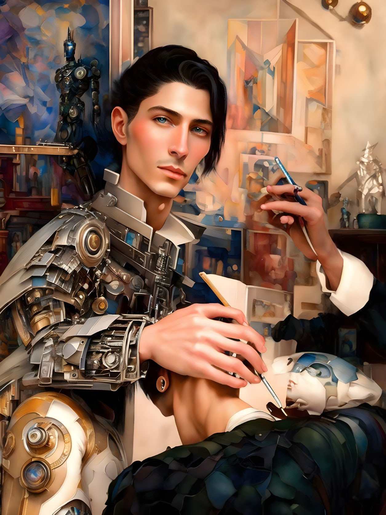 Cyborg artist with mechanical torso and arm, painting and palette, surrounded by art tools.