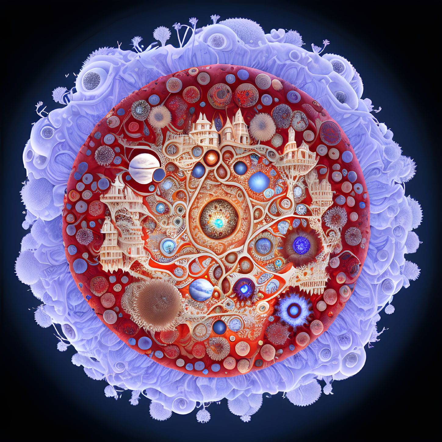 Circular fractal image with cool blues and warm reds, intricate architectural and organic textures