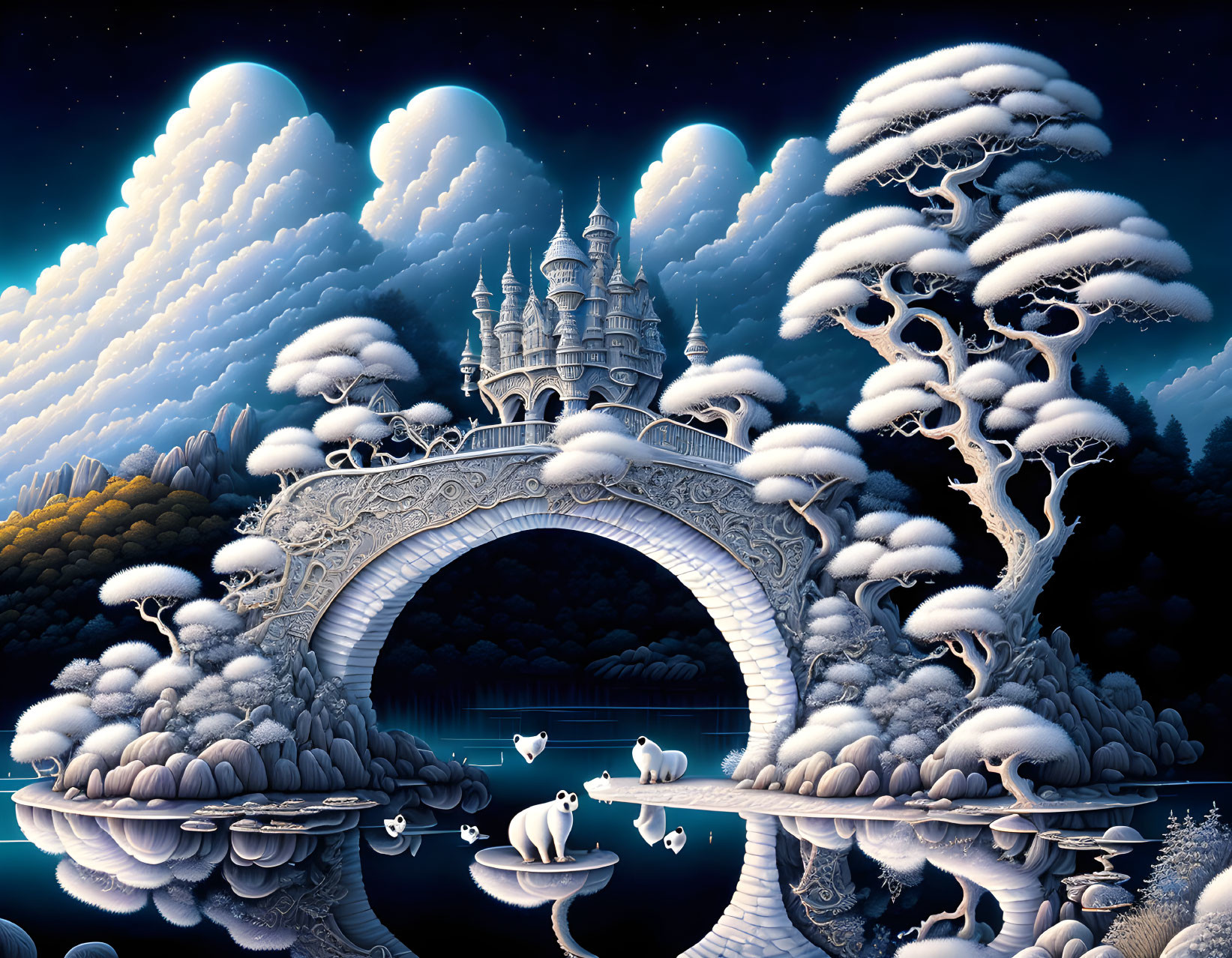 Snowy landscape with ornate bridge, castle, swans, and trees in tranquil setting