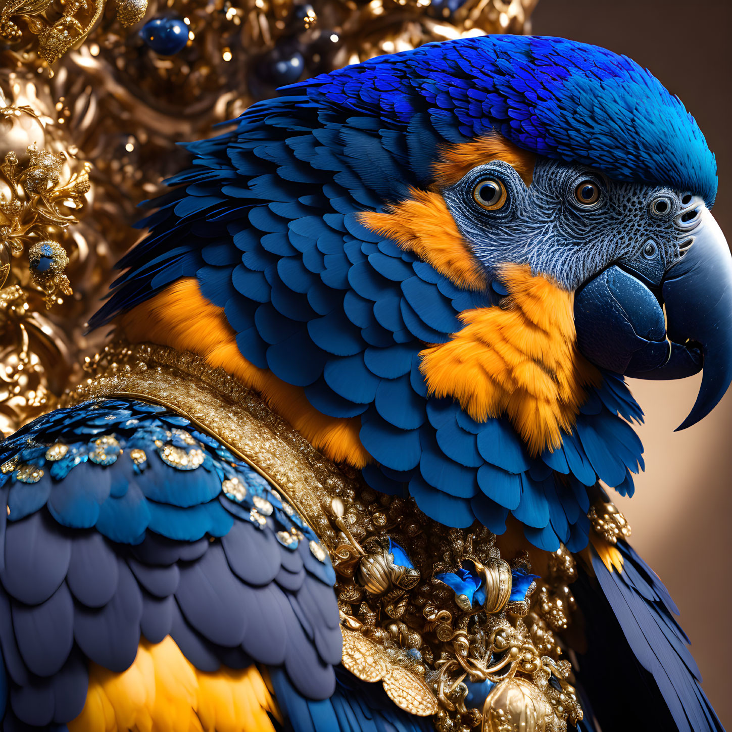 Vibrant Blue and Gold Macaw Close-Up Among Ornate Golden Decorations