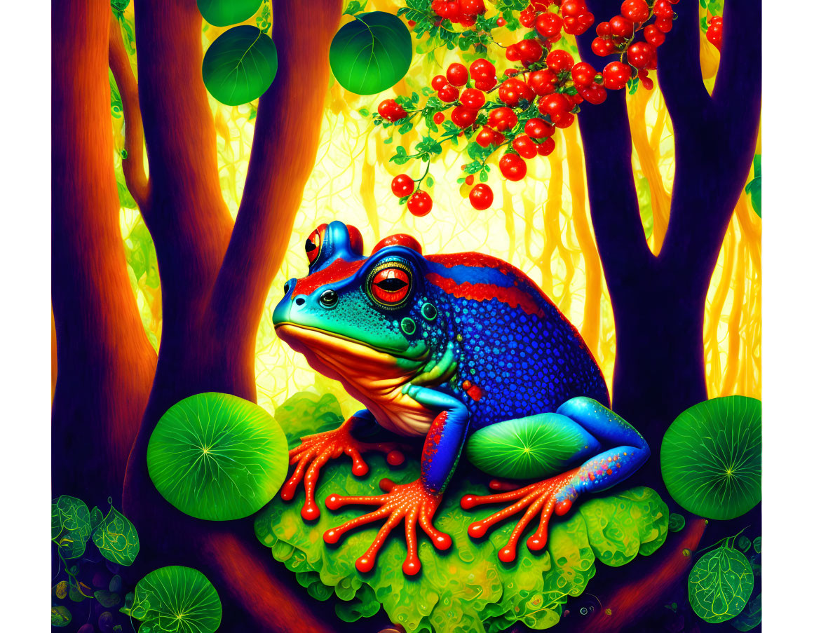 Colorful frog on lily pad with vibrant nature backdrop