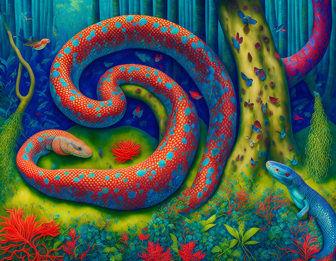 Colorful Jungle Scene with Red and Blue Patterned Snake