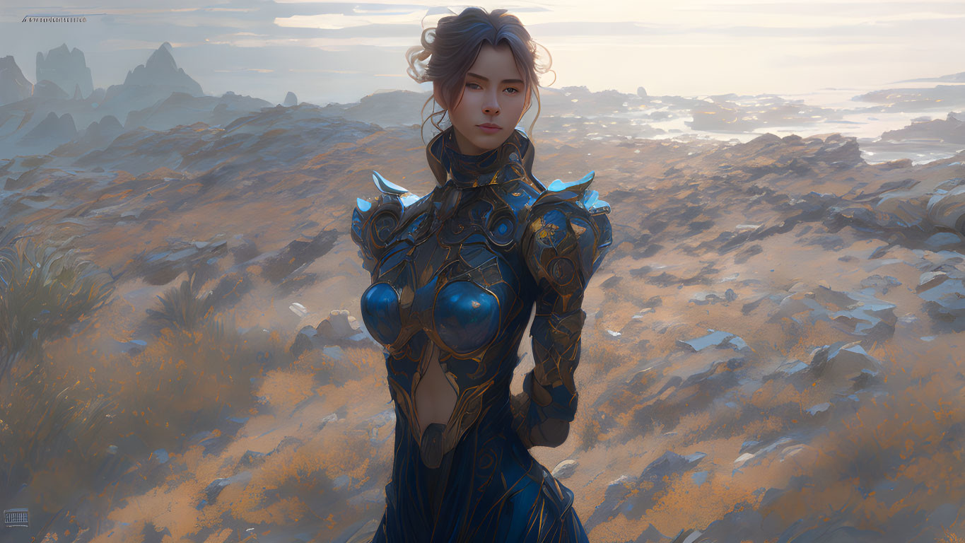 Woman in ornate blue armor in rugged landscape under cloudy sky