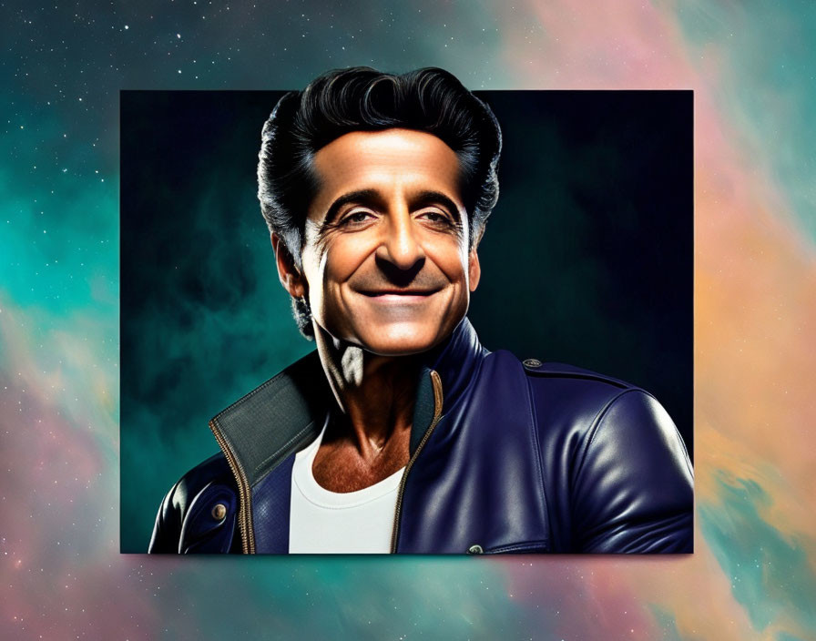 Smiling man in blue leather jacket against nebula background