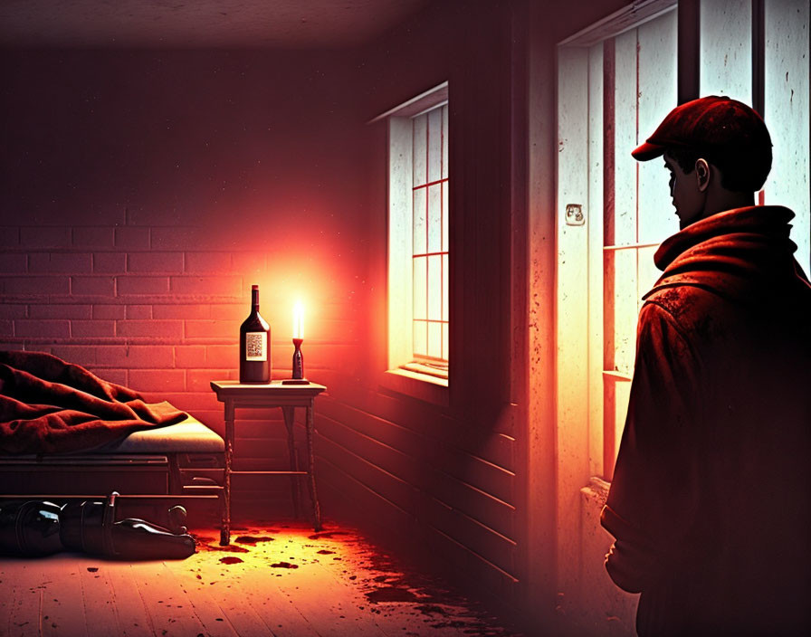 Person in Red Hat and Coat in Gloomy Room with Single Bed, Bottle, and Red Light