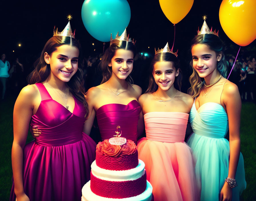 Four girls in party dresses with crowns and balloons by birthday cake