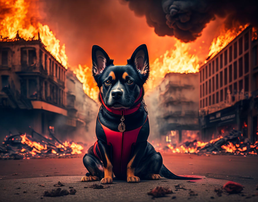 Heroic Dog in Red Cape Amid Fiery Cityscape