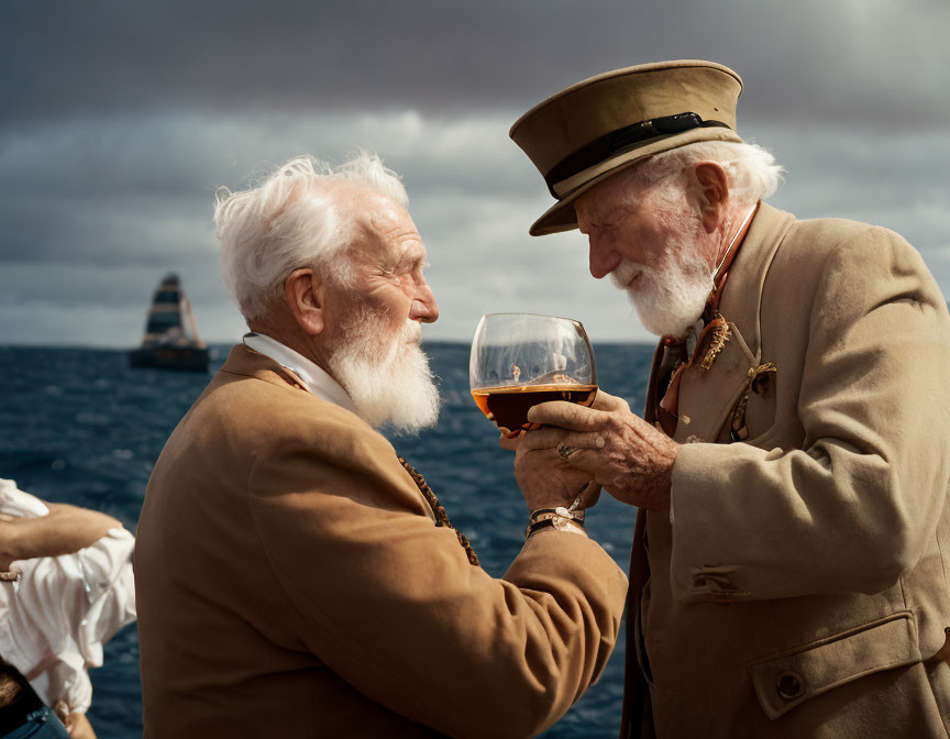 Elderly gentlemen in vintage attire toasting on a boat with cloudy sky.