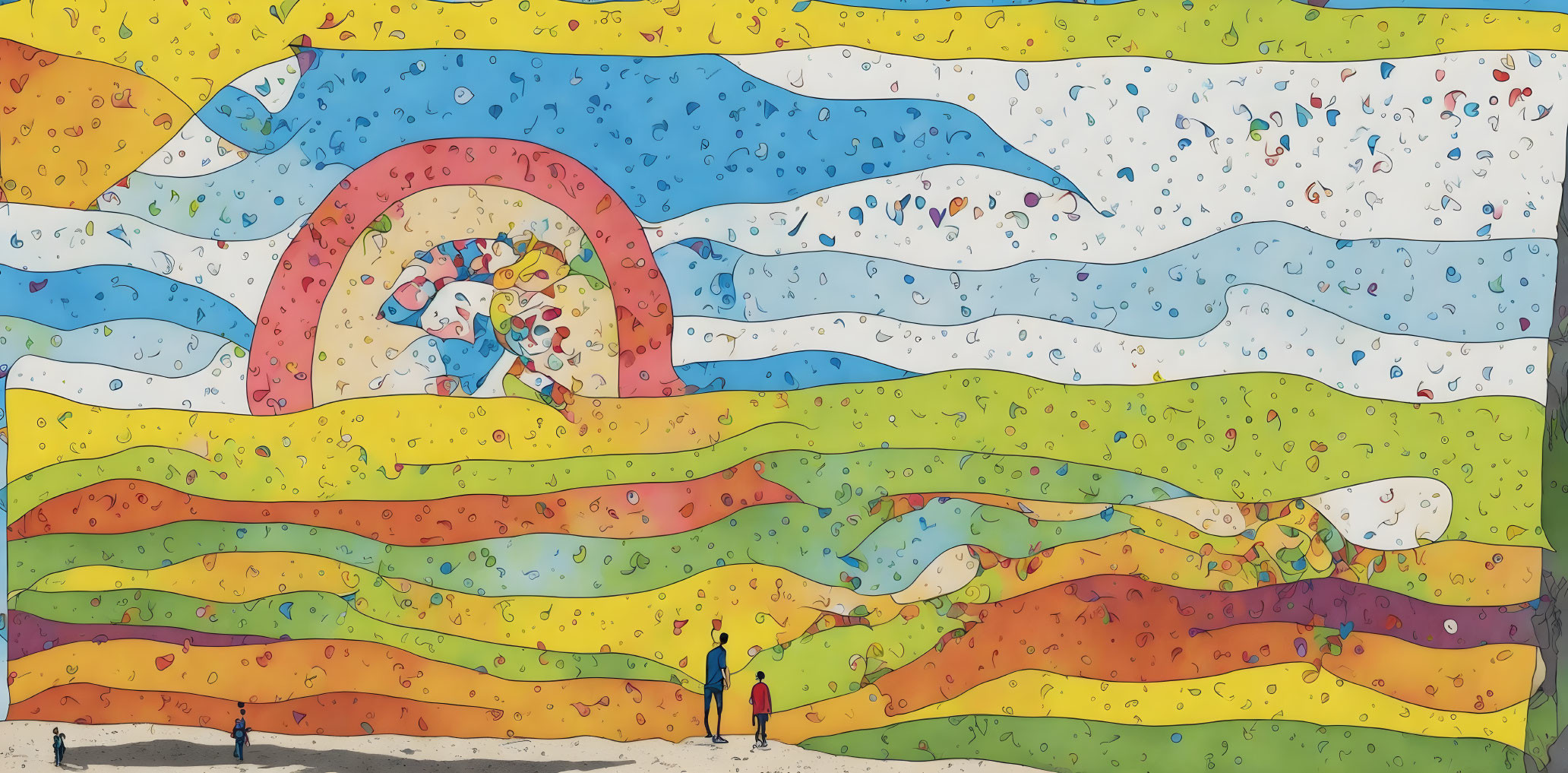 Colorful abstract art: Vibrant wavy hills, silhouetted figures, whimsical sky
