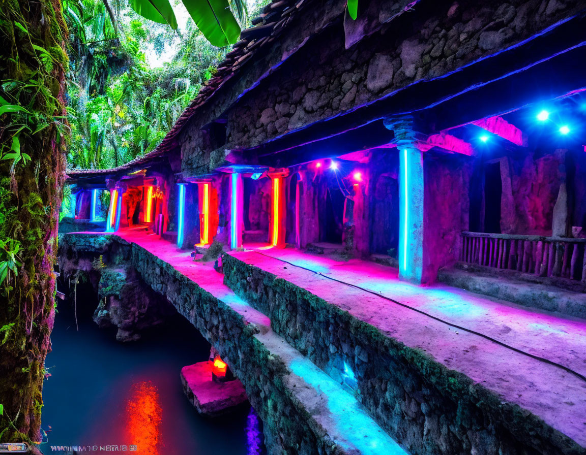 Colorful Lights Illuminate Ancient Stone Structure by Calm Water