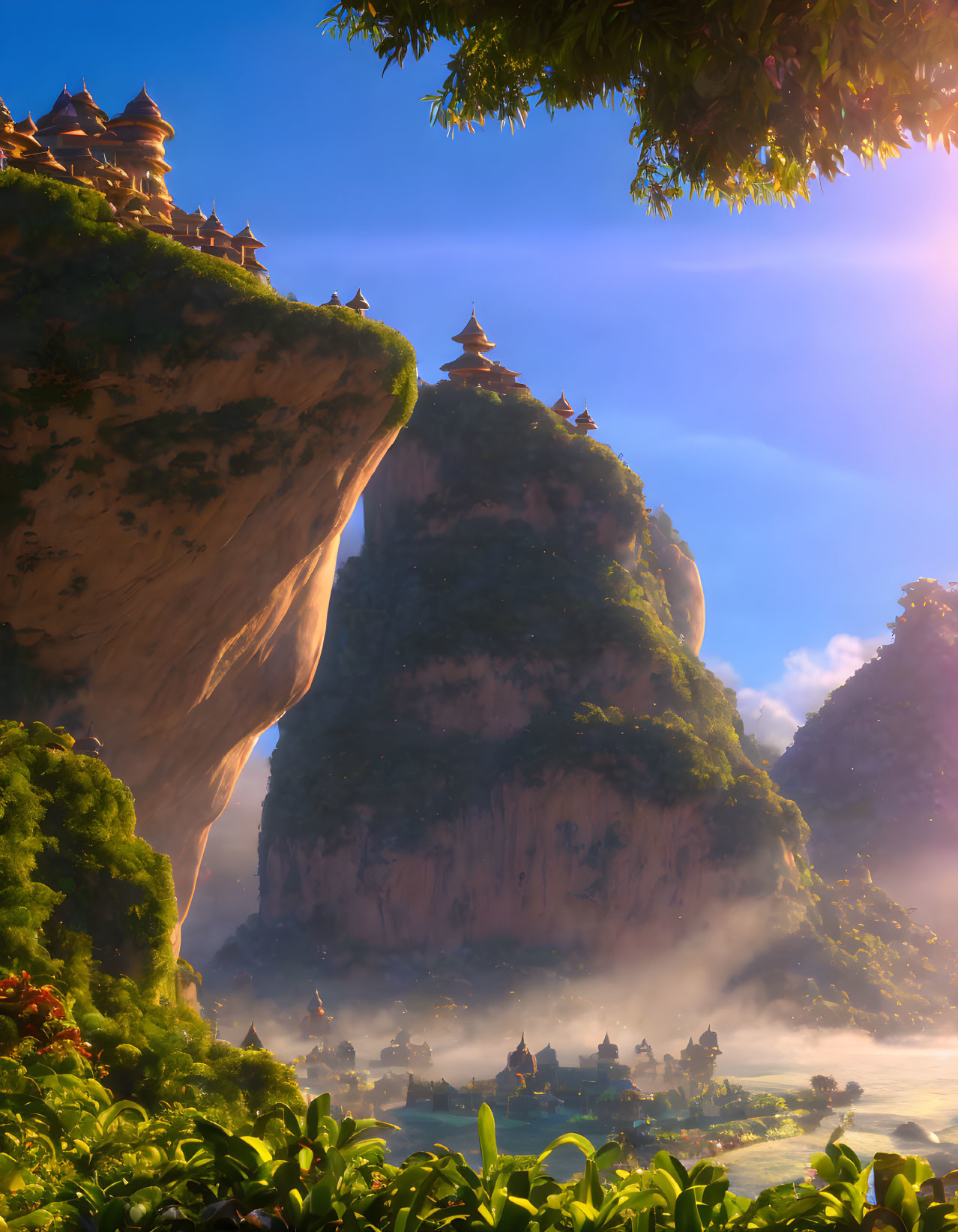 Scenic landscape with towering cliffs, temples, and serene village below