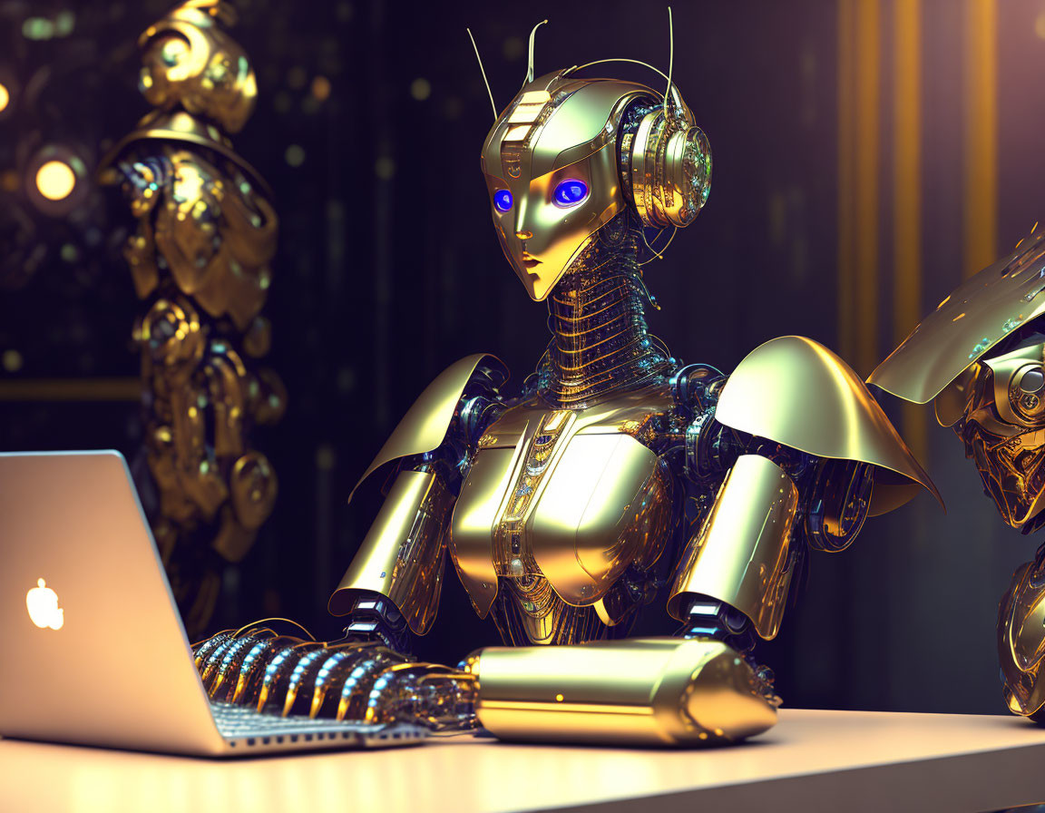 Gold-Plated Humanoid Robot at Desk with Laptop and High-Tech Gear