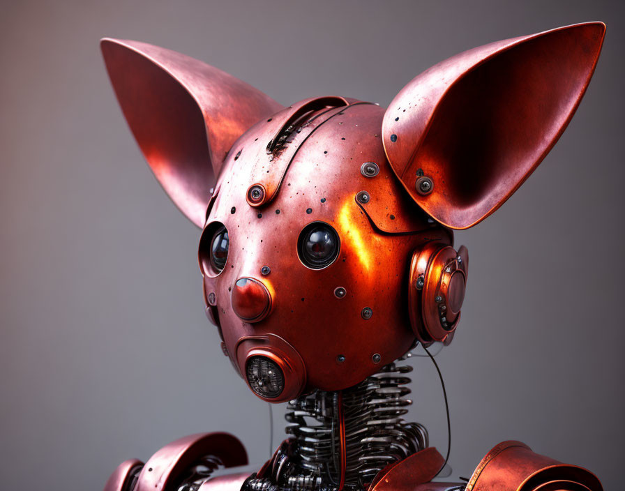 Whimsical robotic creature with copper ears and optical sensors