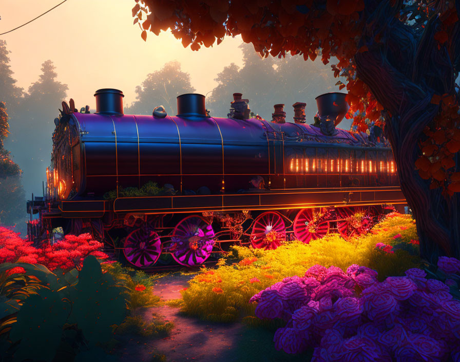 Illustration: Vibrant steam train in colorful forest