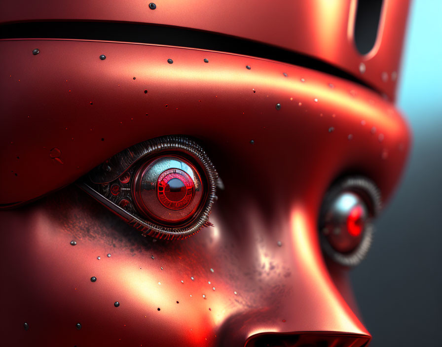 Detailed Red Robot Head with Mechanical Eye and Water Droplets