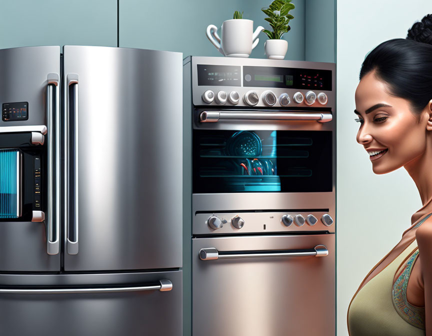 Modern kitchen with stainless steel appliances and blue-lit wall oven