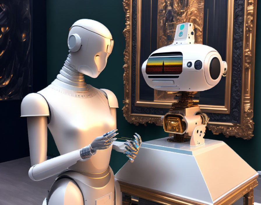 Humanoid robot examining circuit board with screen-faced robot in elegant room