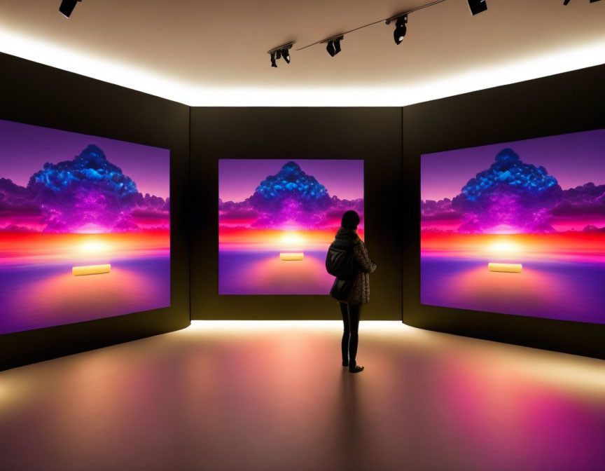 Dark room with immersive purple and pink cloud displays over water surface