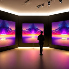 Dark room with immersive purple and pink cloud displays over water surface