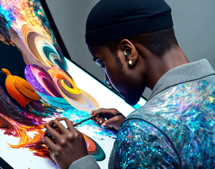 Artist creates digital art with abstract swirl and bird on screen in sparkling jacket.