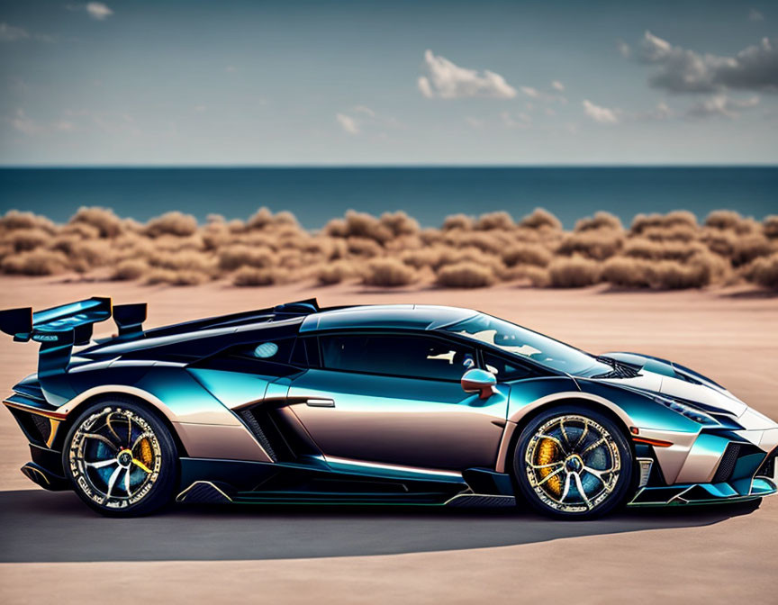 Blue and Black Lamborghini Sports Car with Golden Rims on Beach Road