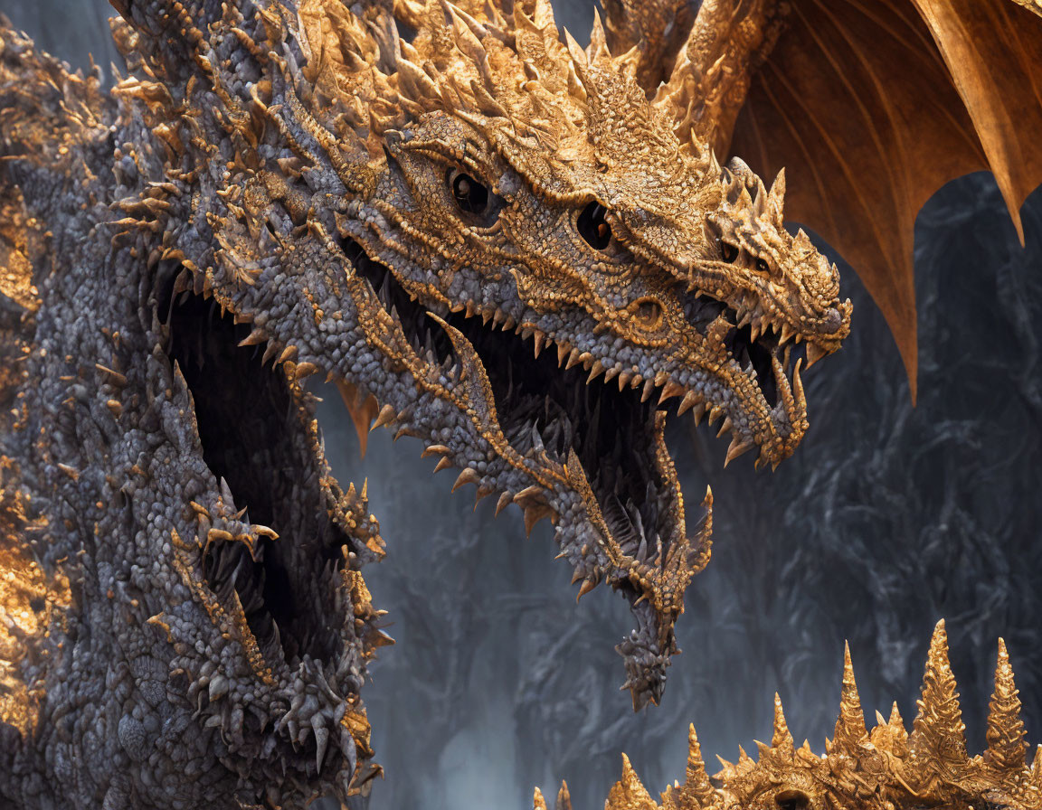 Detailed CGI dragon with golden scales and sharp teeth against fiery backdrop