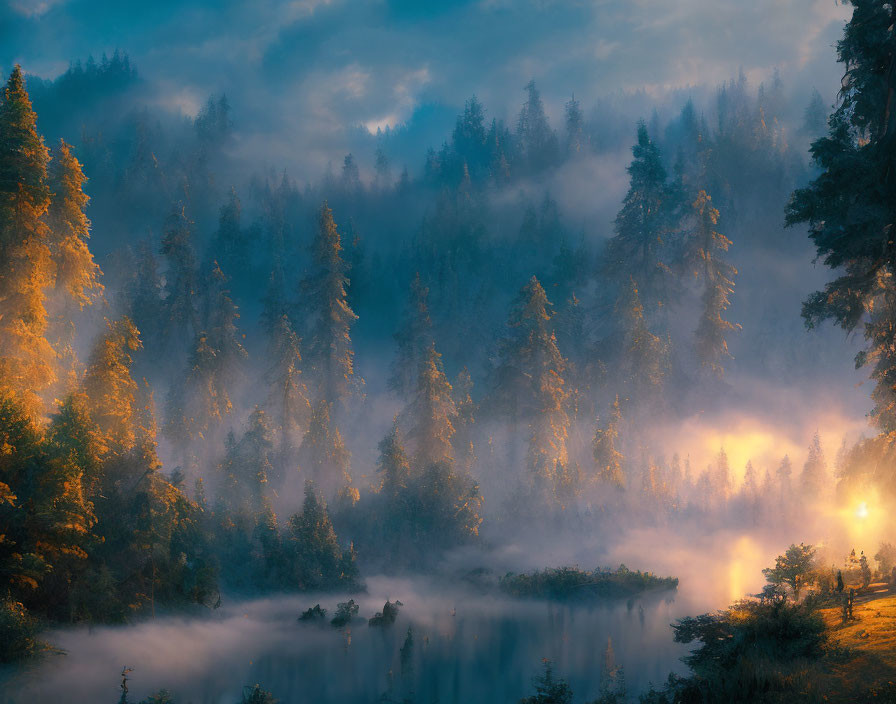 Sunrise in Misty Forest with Sunbeams and River Reflections