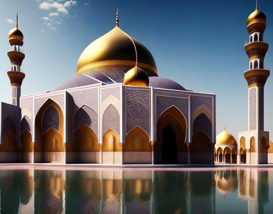 Golden dome mosque with ornate minarets and geometric patterns by tranquil water.