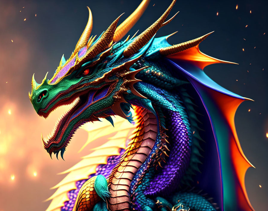 Dragon digital artwork with iridescent scales and glowing eyes