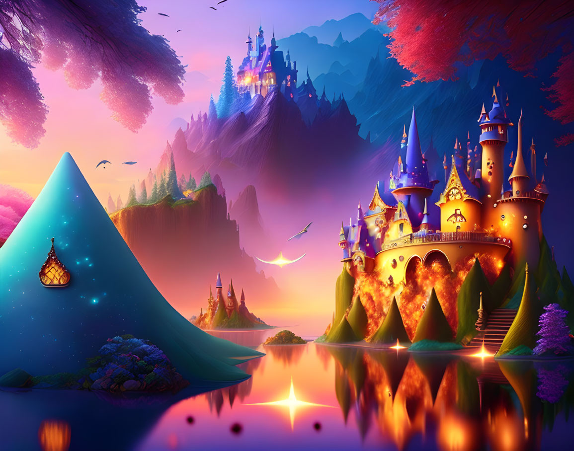 Vibrant fantasy landscape with castle, butterfly, and reflective lake