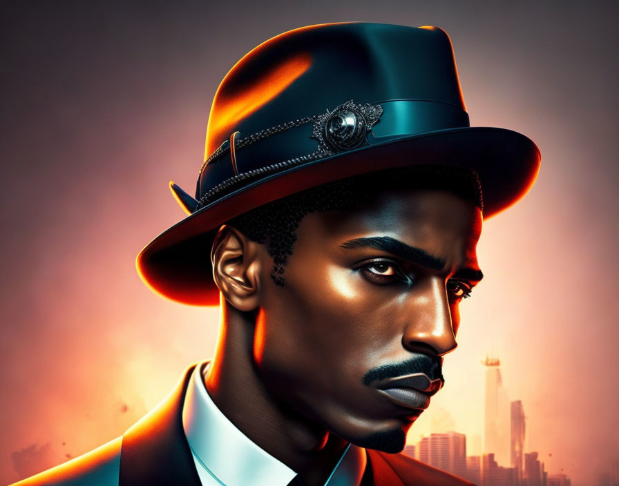 Stylized portrait of man in fedora with badge on cityscape backdrop