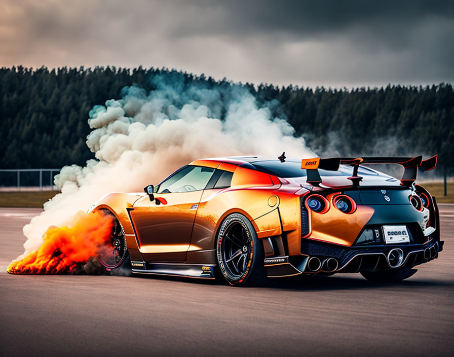 Nissan GT-R burnout with flames and smoke on racetrack