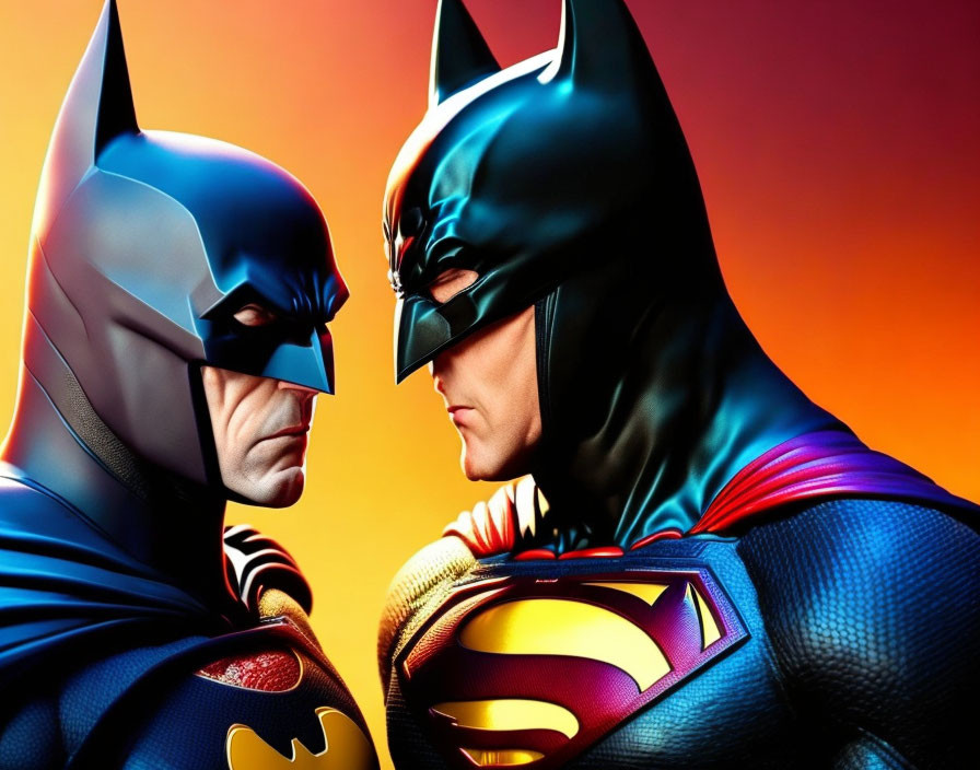 Iconic superheroes Batman and Superman in close-up facing each other with intense gazes on colorful background