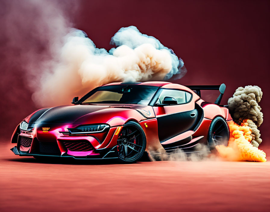 Sleek Black and Red Modified Sports Car with Smoke and Flames on Red Background