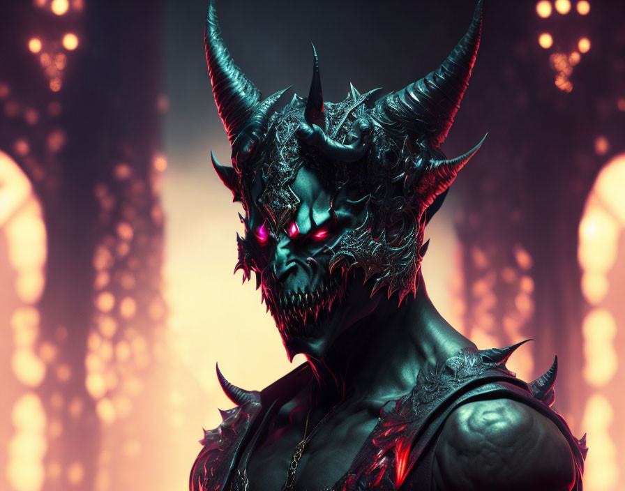 Sinister demon with glowing eyes, sharp horns, and spiked collar