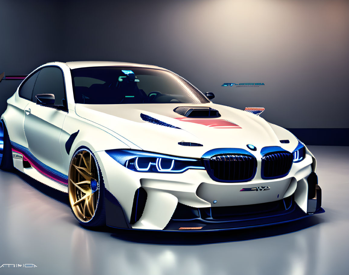 Custom Wide-Body BMW with Gold Wheels & White Paint