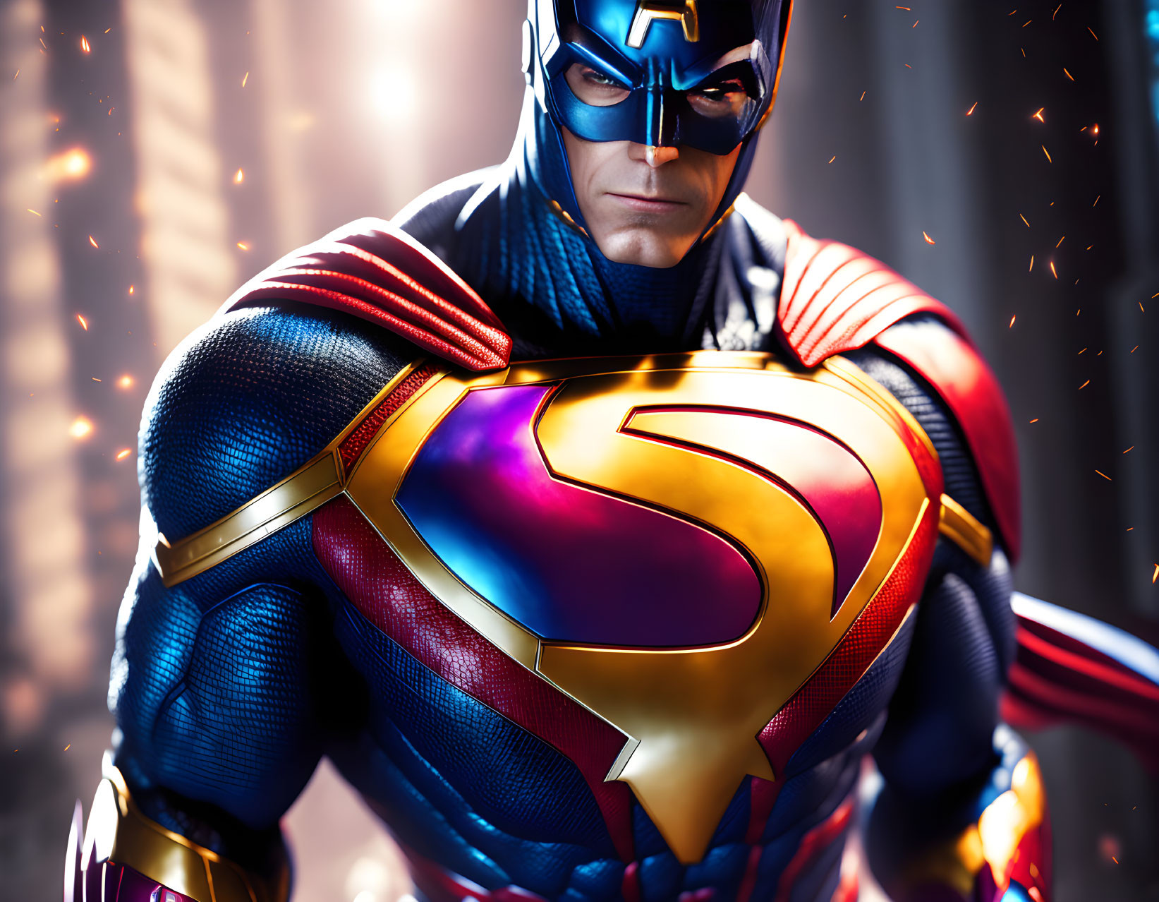 Superhero in Blue and Red Suit with 'S' Emblem and Cape in Dynamic Setting