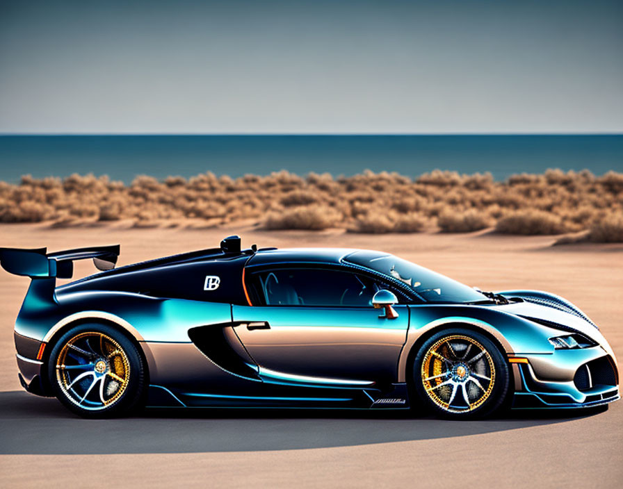 Blue sports car with black trim and gold wheels at sandy beach.