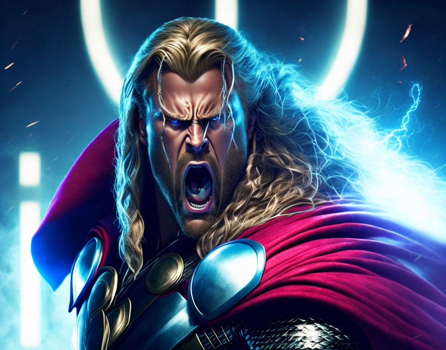 Muscular superhero with long blond hair in armor and red cape, surrounded by lightning