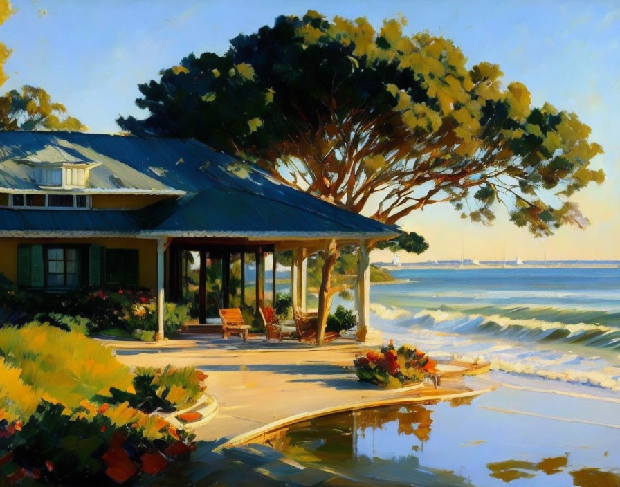 Tranquil seaside landscape with cozy house, tree, garden, and gentle waves