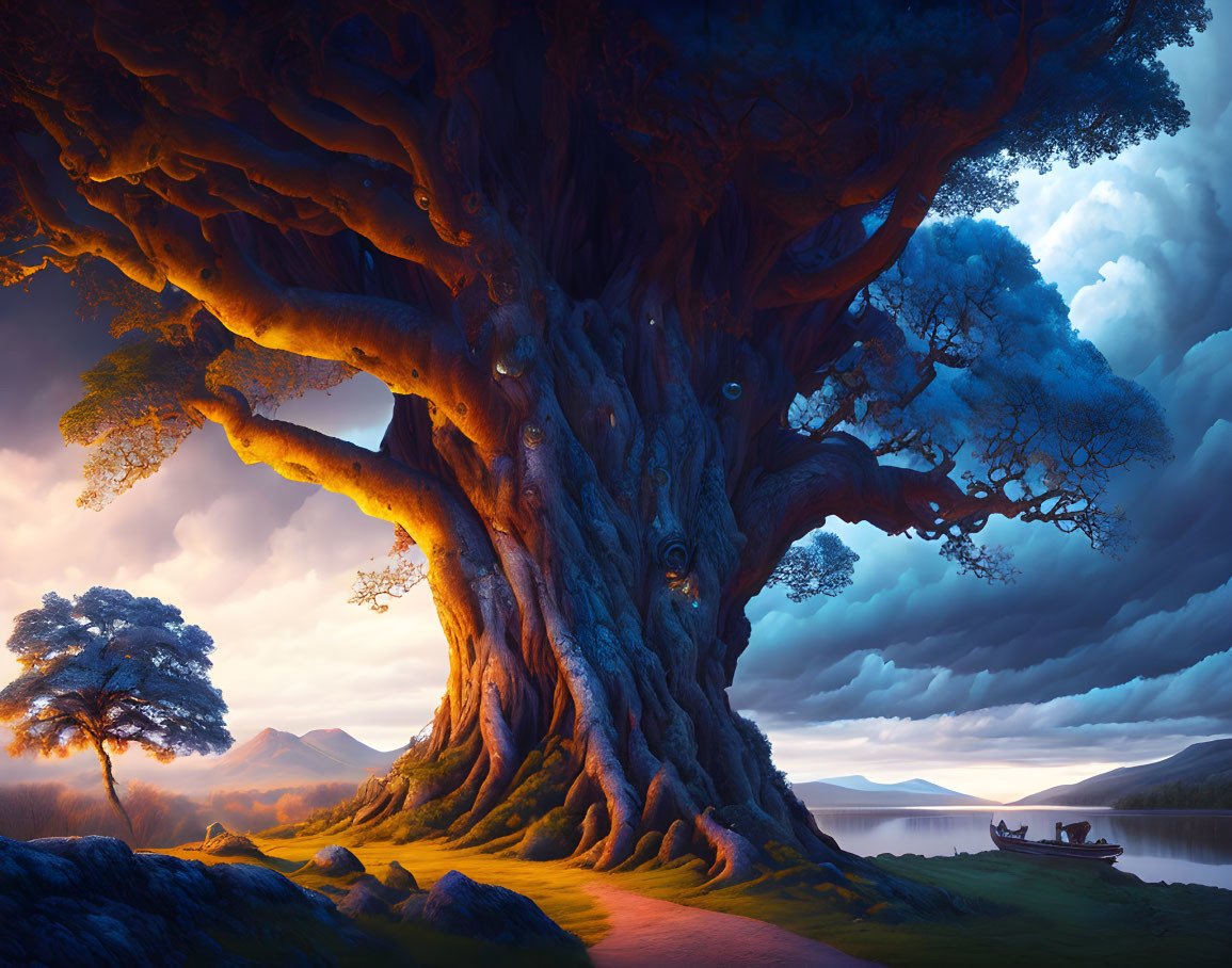 Majestic ancient tree with massive trunk against dramatic sky